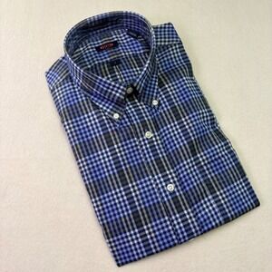 Overton Button Down Shirt Mens‎ Large Blue Check Excellent Stretch Long Sleeve